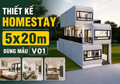 Thiết kế Homestay Bằng 8 Module Nhà Bê Tông Đúc Sẵn V01 Trên Đất 5x20m