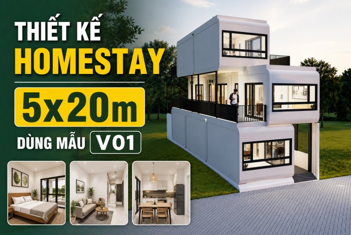 Thiết kế Homestay Bằng 8 Module Nhà Bê Tông Đúc Sẵn V01 Trên Đất 5x20m
