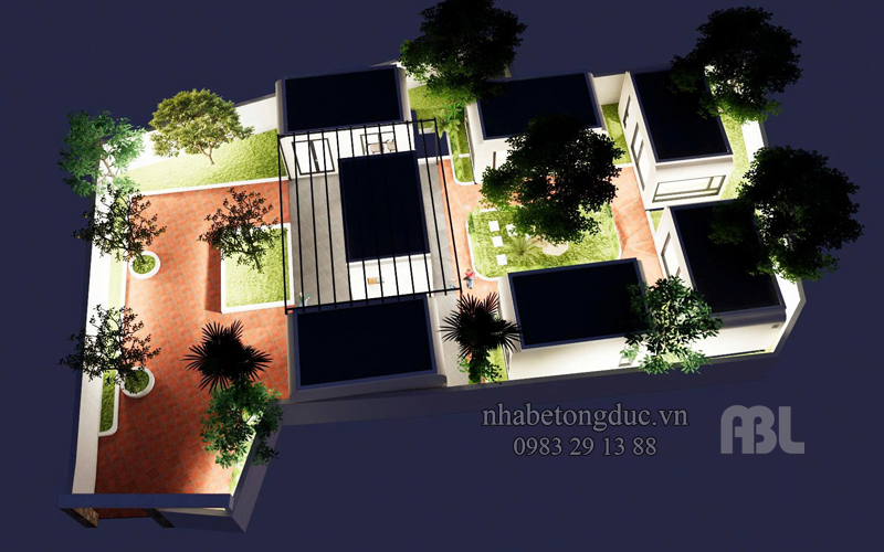 tổng quan khu trọ bằng nhà bê tông đúc vào ban đêm